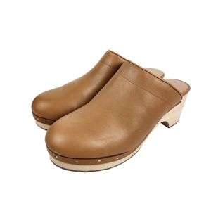 LOFT Camel Leather Wooden Platform Mule Clog Brown Swedish Style Women's Size 10
